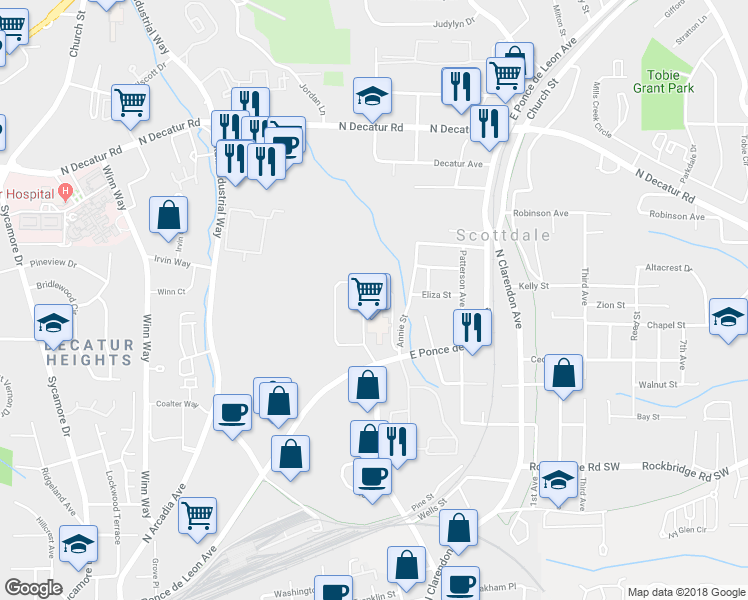 map of restaurants, bars, coffee shops, grocery stores, and more near 3060 East Ponce de Leon Avenue in Decatur