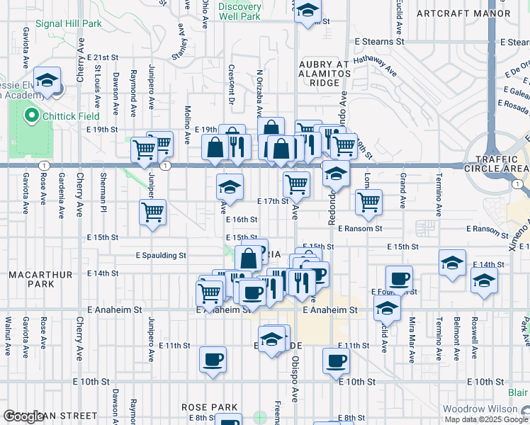 map of restaurants, bars, coffee shops, grocery stores, and more near 1612 Orizaba Avenue in Long Beach
