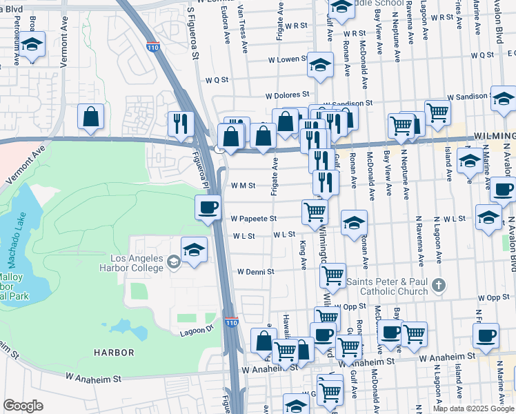 map of restaurants, bars, coffee shops, grocery stores, and more near 1280 West Robidoux Street in Los Angeles
