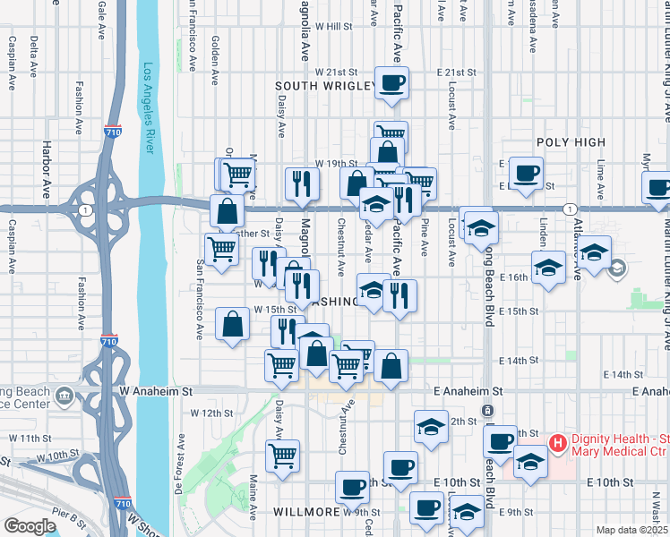 map of restaurants, bars, coffee shops, grocery stores, and more near 1615 Chestnut Ave in Long Beach