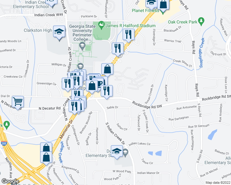 map of restaurants, bars, coffee shops, grocery stores, and more near 541 Rockbridge Trail in Stone Mountain