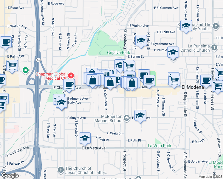 map of restaurants, bars, coffee shops, grocery stores, and more near 3114 East Chapman Avenue in Orange