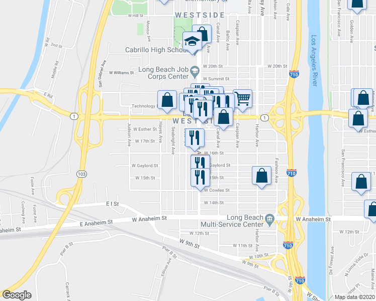 map of restaurants, bars, coffee shops, grocery stores, and more near 1737 West 16th Street in Long Beach