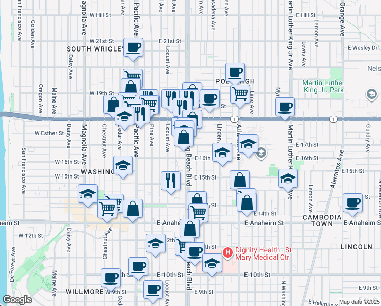 map of restaurants, bars, coffee shops, grocery stores, and more near 1628 Long Beach Boulevard in Long Beach