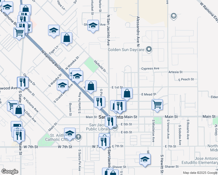 map of restaurants, bars, coffee shops, grocery stores, and more near 75 South San Jacinto Avenue in San Jacinto