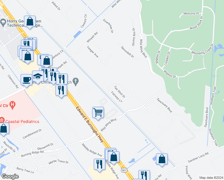 map of restaurants, bars, coffee shops, grocery stores, and more near 1113 Fairway Lane in Conway