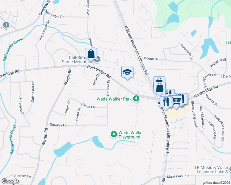 map of restaurants, bars, coffee shops, grocery stores, and more near 390 Rock Meadow Drive in Stone Mountain
