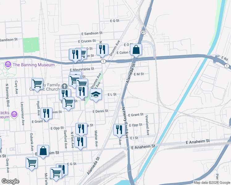 map of restaurants, bars, coffee shops, grocery stores, and more near 1549 East L Street in Los Angeles