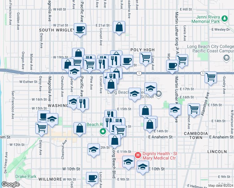 map of restaurants, bars, coffee shops, grocery stores, and more near 1600 Long Beach Boulevard in Long Beach