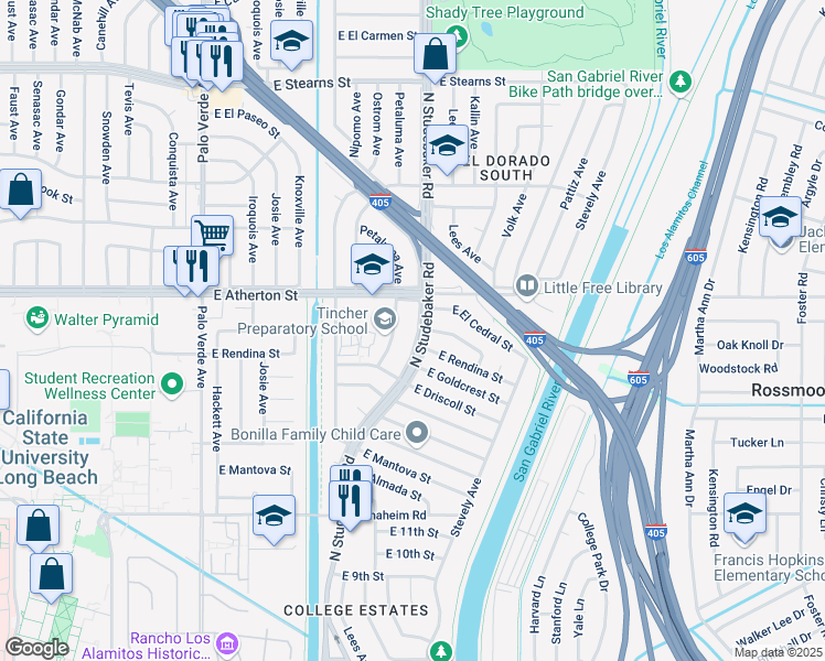 map of restaurants, bars, coffee shops, grocery stores, and more near 1639 North Studebaker Road in Long Beach