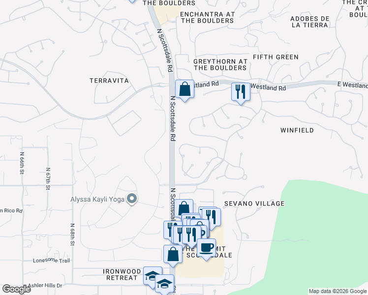 map of restaurants, bars, coffee shops, grocery stores, and more near 7223 East Crimson Sky Trail in Scottsdale