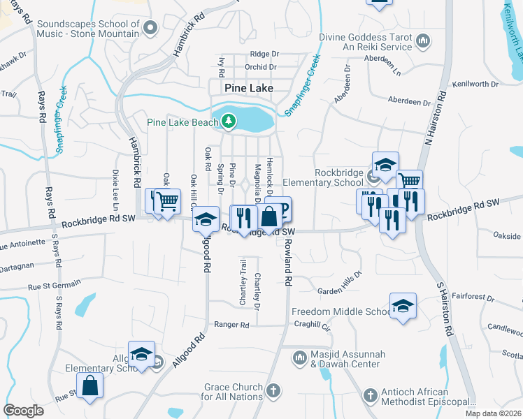 map of restaurants, bars, coffee shops, grocery stores, and more near 429 Magnolia Drive in Pine Lake