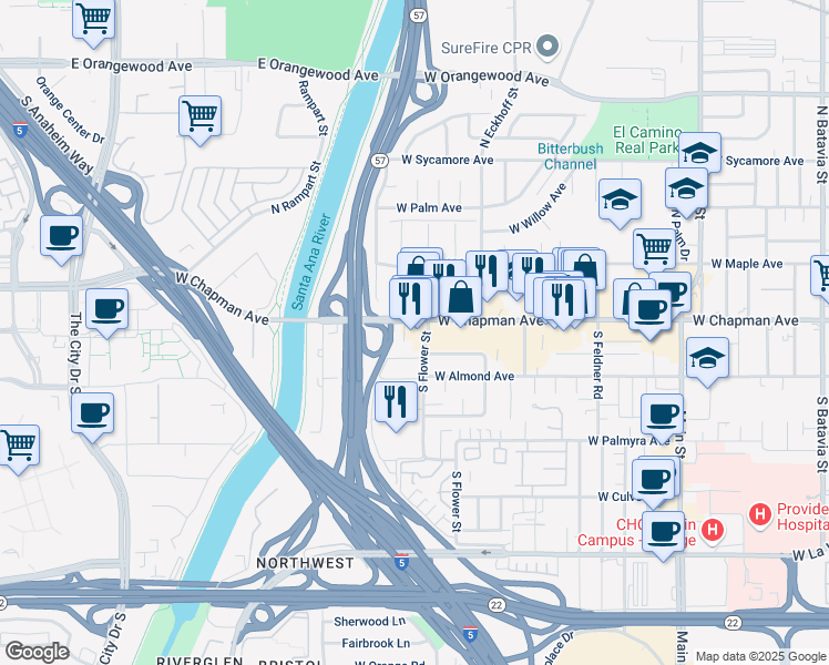 map of restaurants, bars, coffee shops, grocery stores, and more near 2318 West Chapman Avenue in Orange