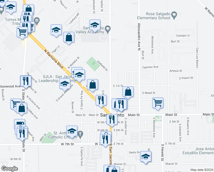 map of restaurants, bars, coffee shops, grocery stores, and more near 161 West 1st Street in San Jacinto