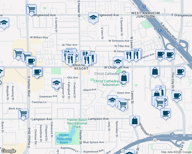 map of restaurants, bars, coffee shops, grocery stores, and more near 12092 Bayport Street in Garden Grove