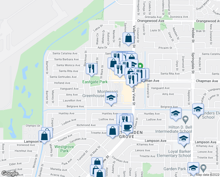 map of restaurants, bars, coffee shops, grocery stores, and more near 12072 Bailey Street in Garden Grove