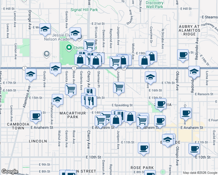 map of restaurants, bars, coffee shops, grocery stores, and more near 1625 Junipero Avenue in Long Beach