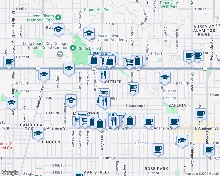 map of restaurants, bars, coffee shops, grocery stores, and more near 1614 Cherry Avenue in Long Beach
