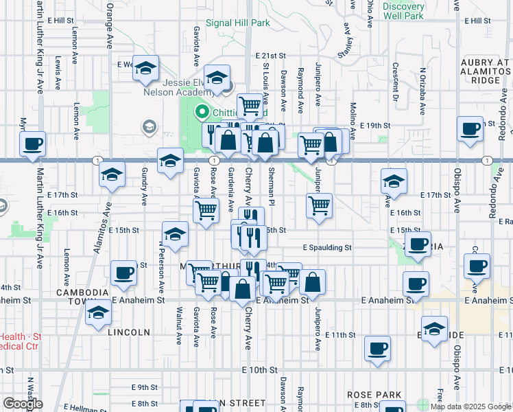 map of restaurants, bars, coffee shops, grocery stores, and more near 1614 Cherry Avenue in Long Beach