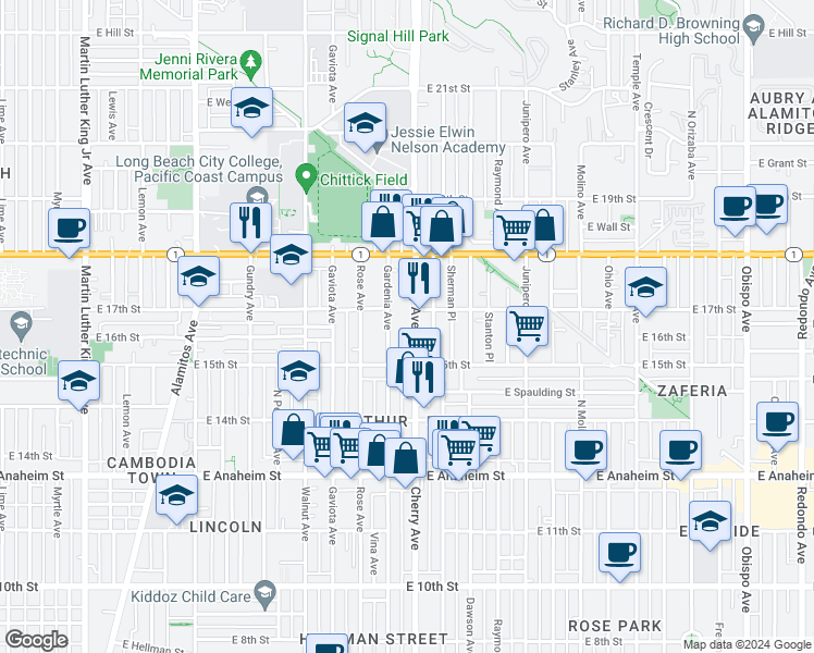 map of restaurants, bars, coffee shops, grocery stores, and more near 1612 Gardenia Avenue in Long Beach
