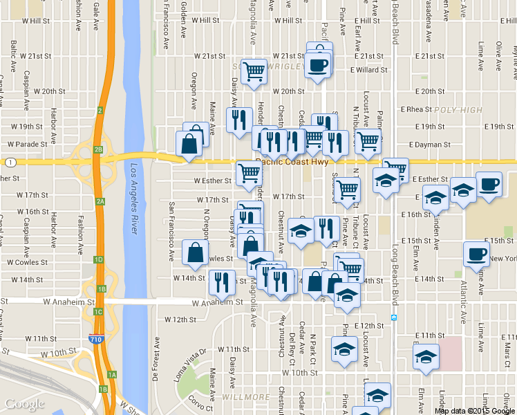map of restaurants, bars, coffee shops, grocery stores, and more near 500 West 17th Street in Long Beach