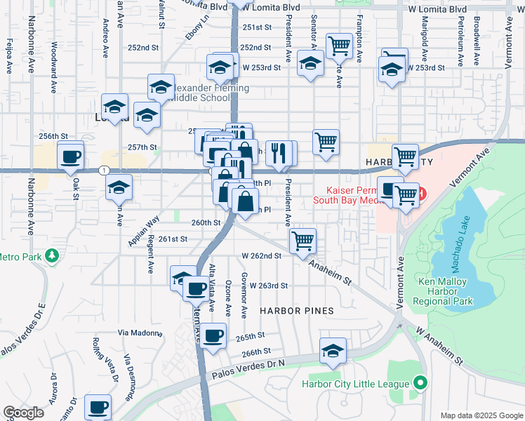 map of restaurants, bars, coffee shops, grocery stores, and more near 1664 259th Place in Los Angeles