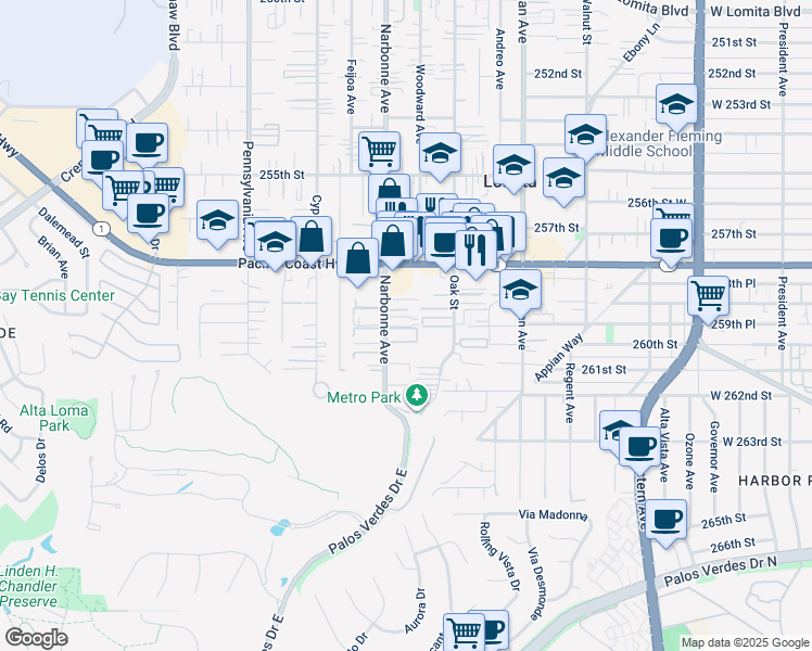 map of restaurants, bars, coffee shops, grocery stores, and more near 25921 Oak Street in Lomita