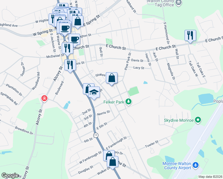 map of restaurants, bars, coffee shops, grocery stores, and more near 601 South Madison Avenue in Monroe