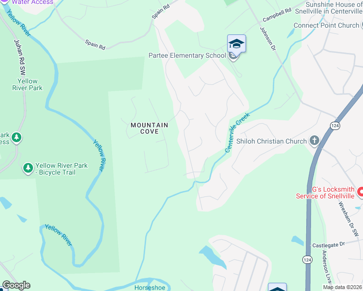 map of restaurants, bars, coffee shops, grocery stores, and more near 3811 Mountain Way Cove in Snellville