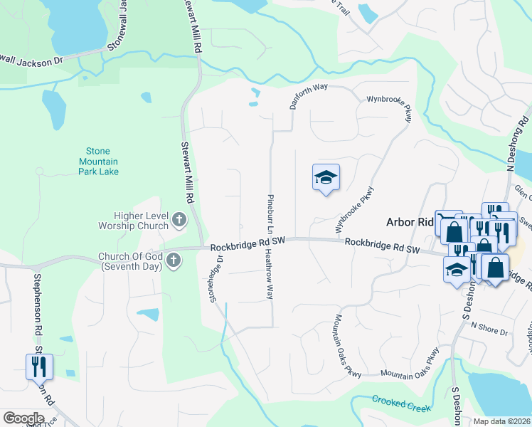 map of restaurants, bars, coffee shops, grocery stores, and more near 400 Pineburr Lane in Stone Mountain