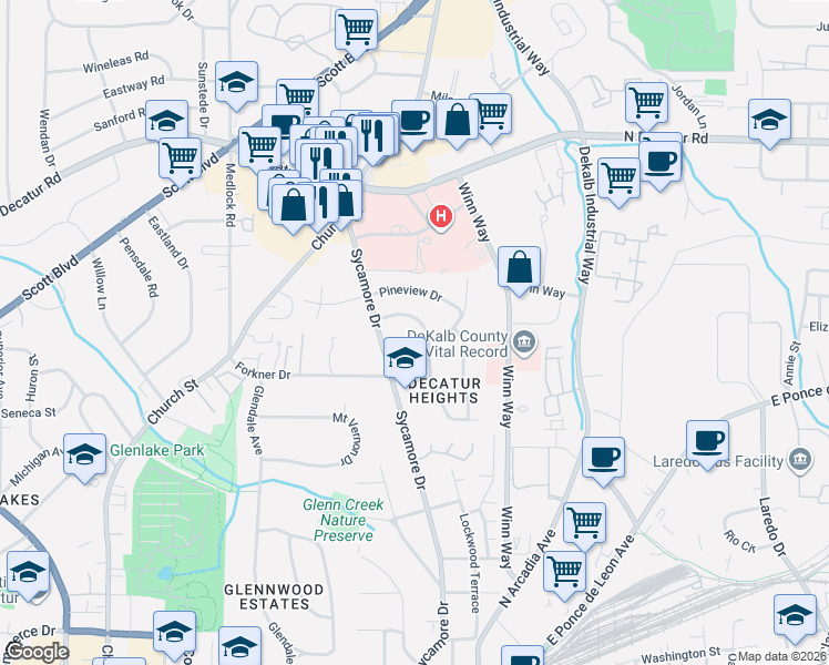 map of restaurants, bars, coffee shops, grocery stores, and more near 512 Bridlewood Circle in Decatur