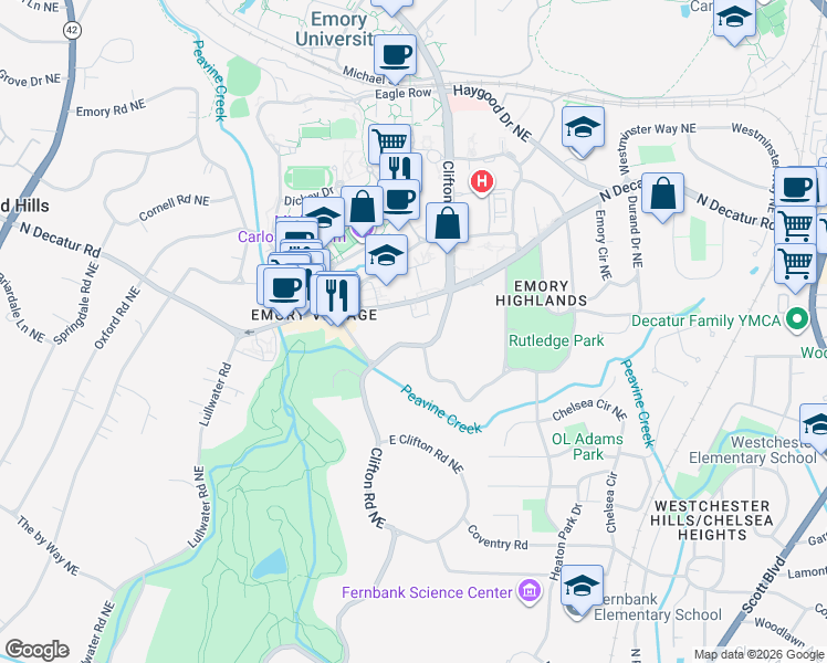 map of restaurants, bars, coffee shops, grocery stores, and more near 1194 Clifton Road Northeast in Atlanta