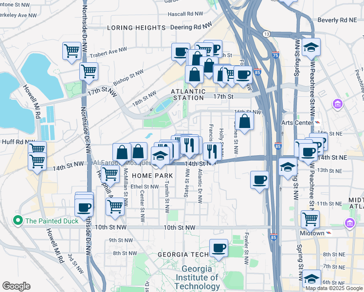 map of restaurants, bars, coffee shops, grocery stores, and more near 1214 State Street Northwest in Atlanta