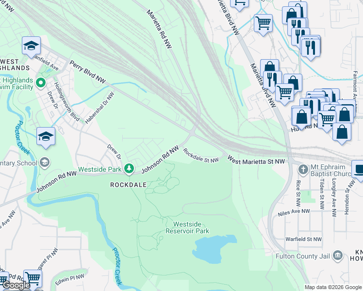 map of restaurants, bars, coffee shops, grocery stores, and more near 1559 Johnson Road Northwest in Atlanta