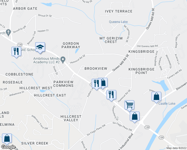 map of restaurants, bars, coffee shops, grocery stores, and more near 6778 Blackstone Place in Mableton