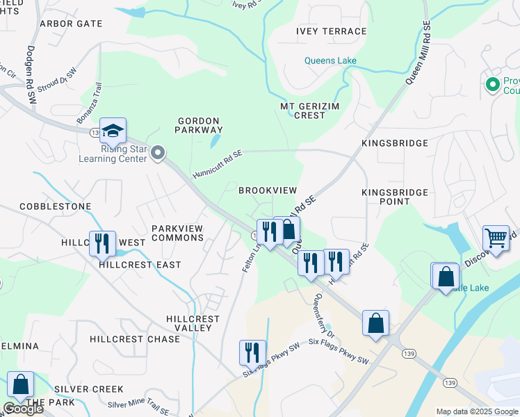 map of restaurants, bars, coffee shops, grocery stores, and more near 6778 Blackstone Place in Mableton