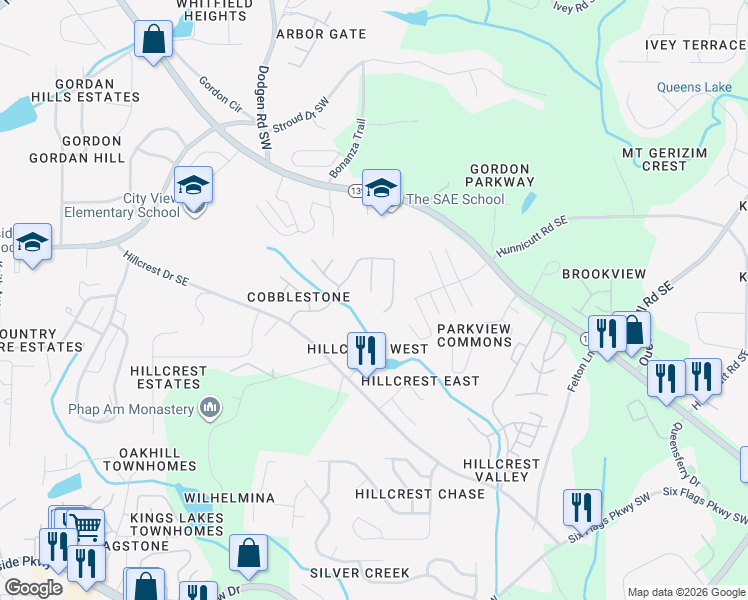 map of restaurants, bars, coffee shops, grocery stores, and more near 6793 Chestwood Lane in Austell