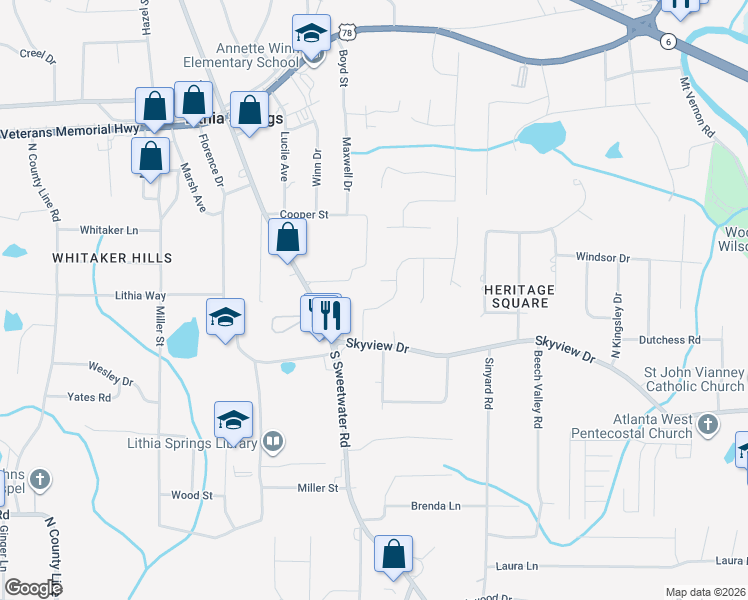 map of restaurants, bars, coffee shops, grocery stores, and more near 2434 Skyline Ridge Drive in Lithia Springs