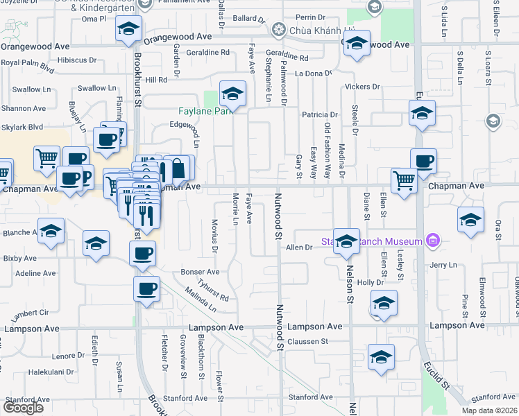 map of restaurants, bars, coffee shops, grocery stores, and more near 12061 Hackamore Road in Garden Grove