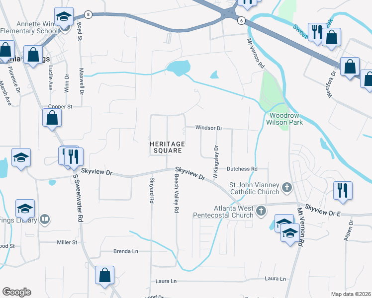 map of restaurants, bars, coffee shops, grocery stores, and more near 637 Heather Drive in Lithia Springs