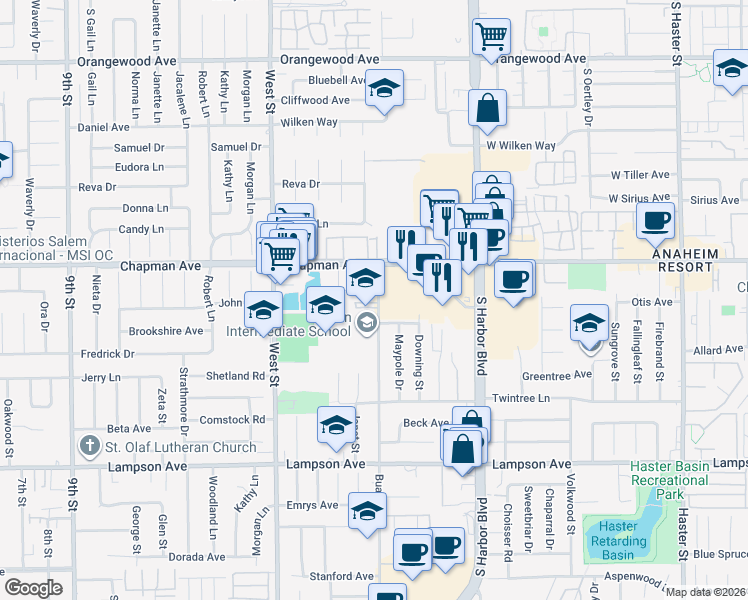 map of restaurants, bars, coffee shops, grocery stores, and more near 12085 Buaro Street in Garden Grove