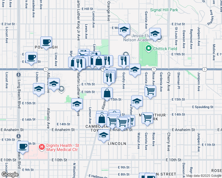 map of restaurants, bars, coffee shops, grocery stores, and more near 1203 East Barcelona Place in Long Beach