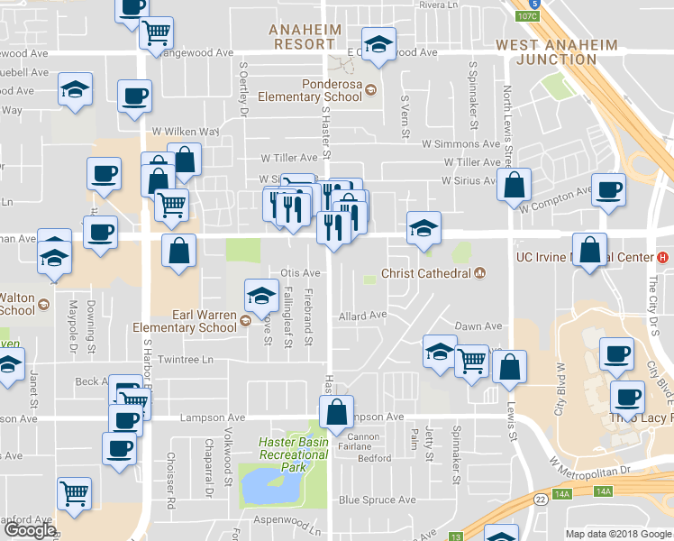 map of restaurants, bars, coffee shops, grocery stores, and more near 12092 Haster Street in Garden Grove