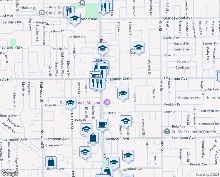 map of restaurants, bars, coffee shops, grocery stores, and more near 11064 Orchard Place in Garden Grove