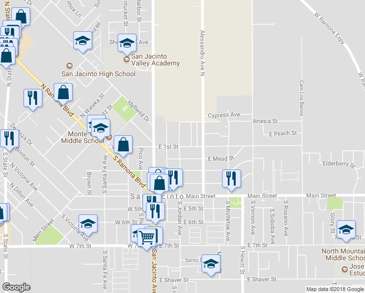 map of restaurants, bars, coffee shops, grocery stores, and more near 314 East 1st Street in San Jacinto