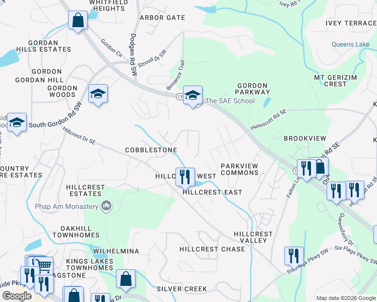 map of restaurants, bars, coffee shops, grocery stores, and more near 6793 Chestwood Lane in Austell