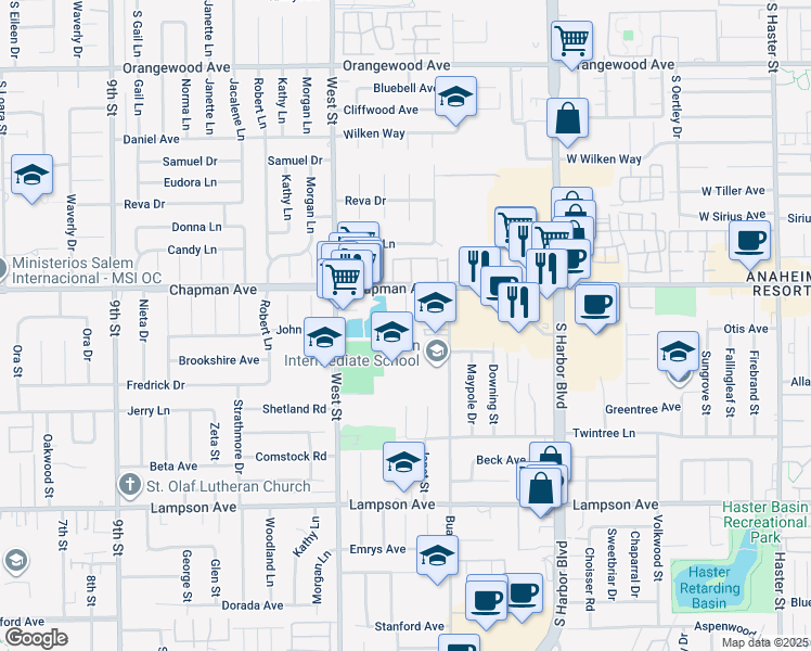 map of restaurants, bars, coffee shops, grocery stores, and more near 12162 Jentges Avenue in Garden Grove