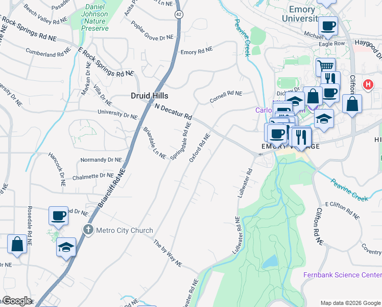 map of restaurants, bars, coffee shops, grocery stores, and more near 1194 Oxford Road Northeast in Atlanta