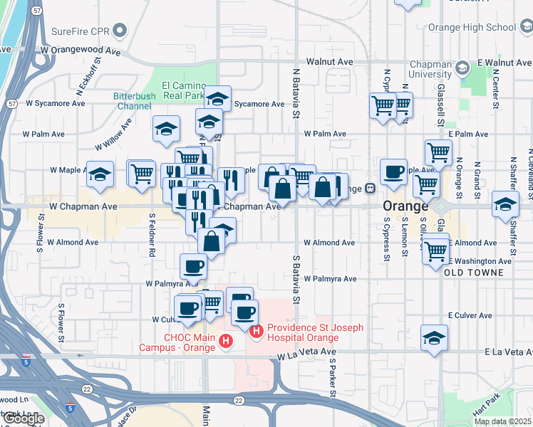 map of restaurants, bars, coffee shops, grocery stores, and more near 1100 West Chapman Avenue in Orange