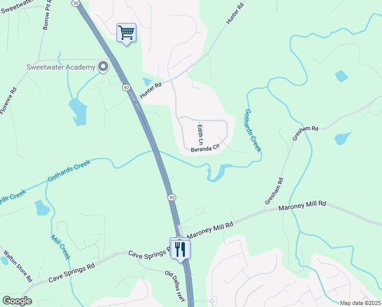 map of restaurants, bars, coffee shops, grocery stores, and more near 392 Beranda Circle in Douglasville